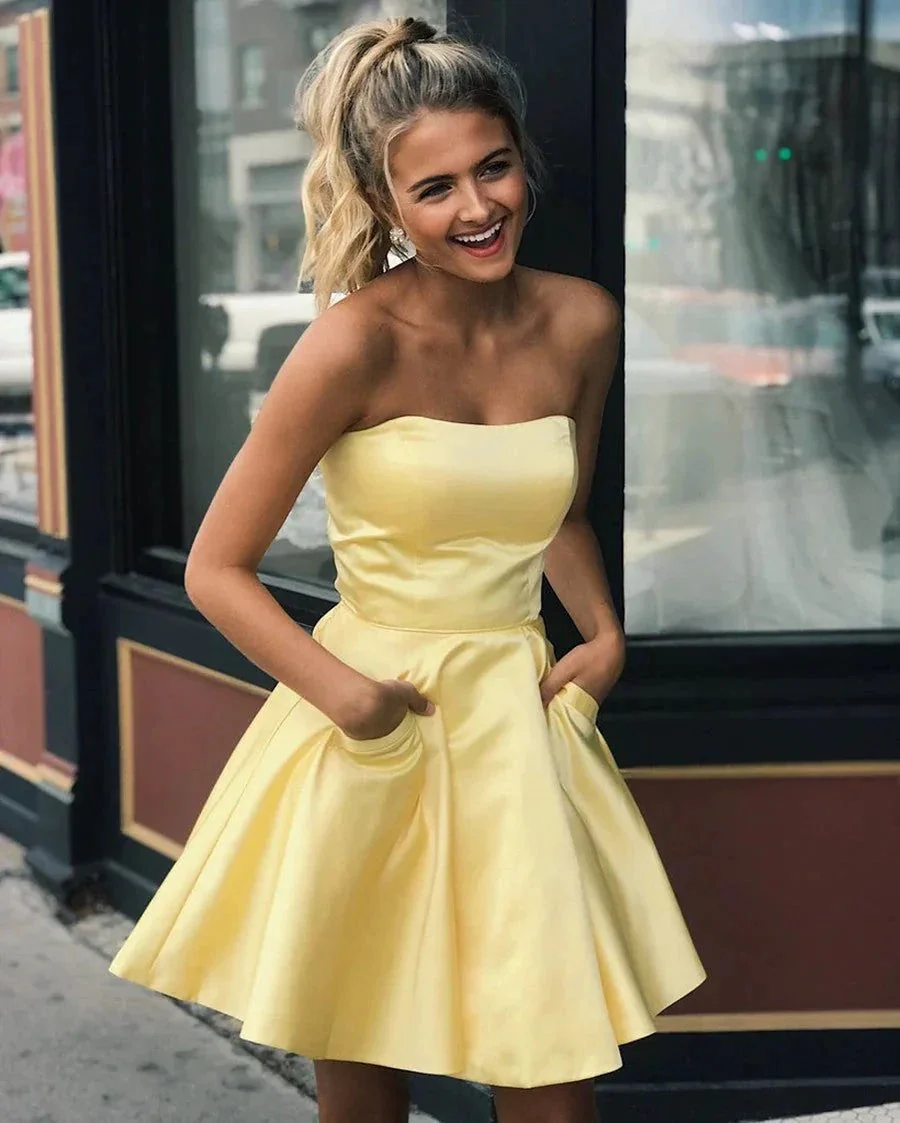 Cute Yellow A-line Strapless Satin Short Prom Homecoming Dresses with Pockets - Image 2