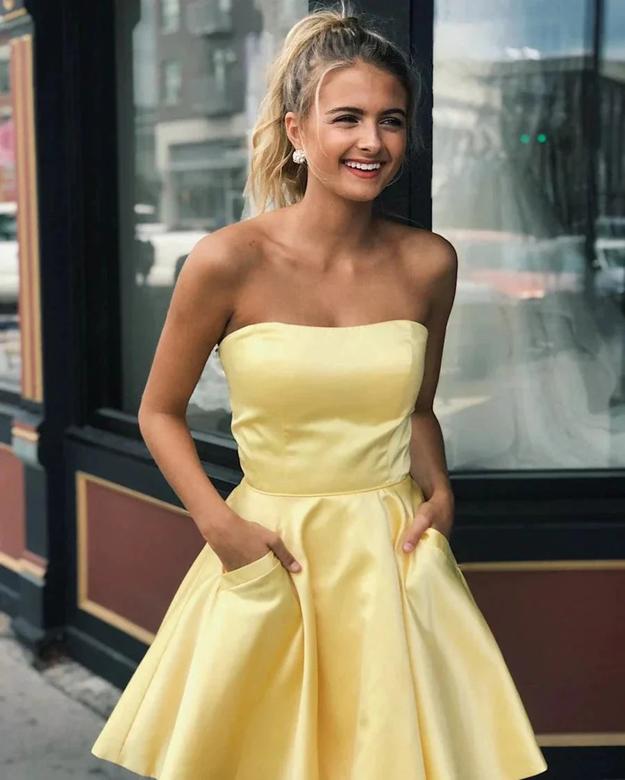 Cute Yellow A-line Strapless Satin Short Prom Homecoming Dresses with Pockets - Image 3