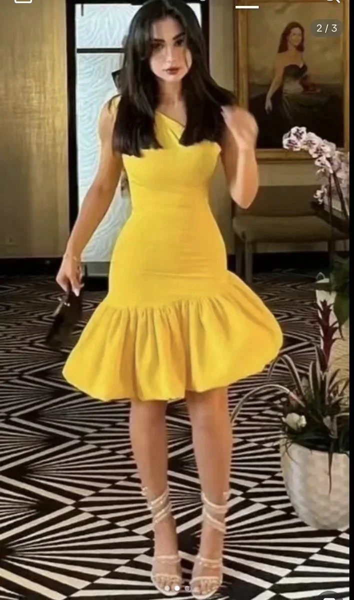 Cute Yellow One Shoulder Satin Homecoming Dress Short Prom Dress Y8187 - Image 2