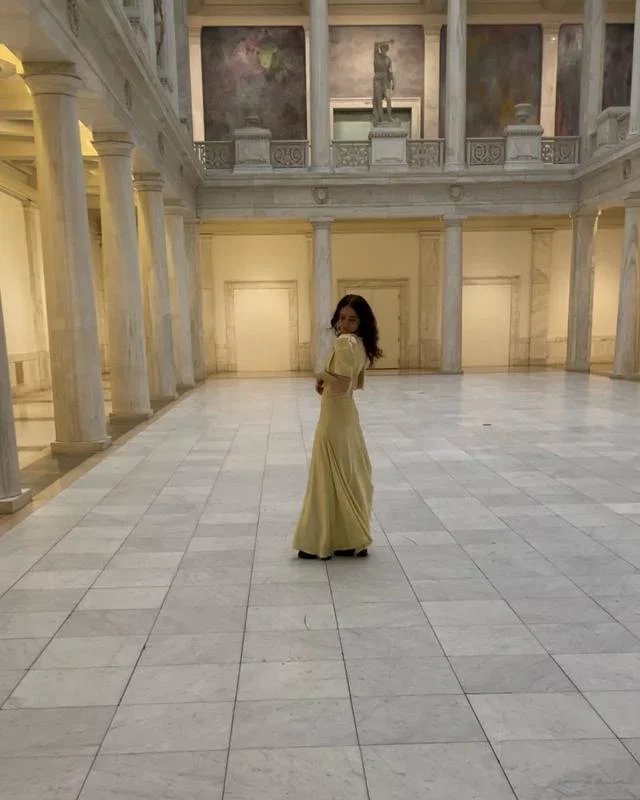 Cute Yellow Puff-Sleeve V-Neck Satin Mermaid Prom Dress Evening Dress Y8459 - Image 2