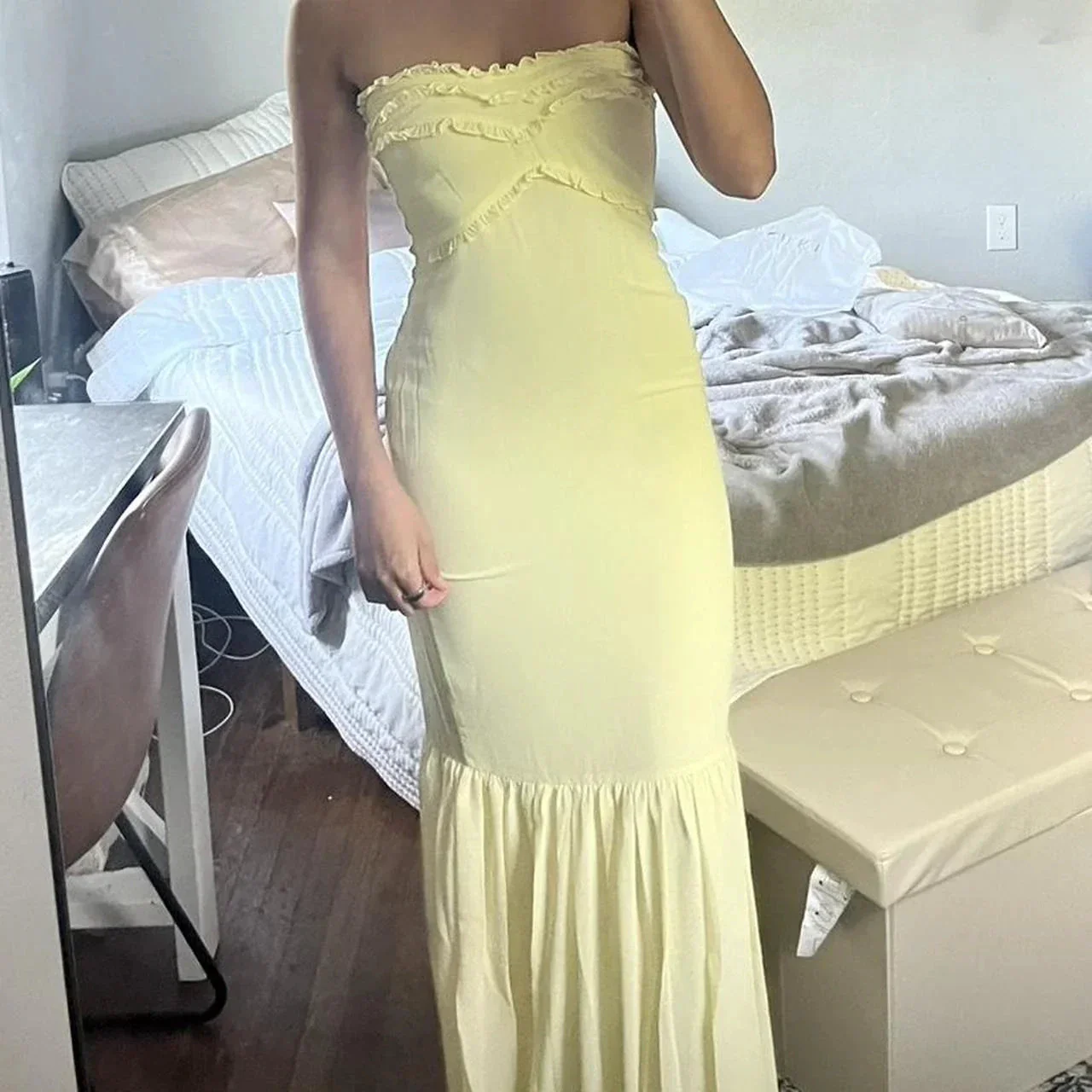Cute Yellow Strapless Chiffon Ruffles Evening Dress Mermaid Prom Dress Y7896 - Image 2
