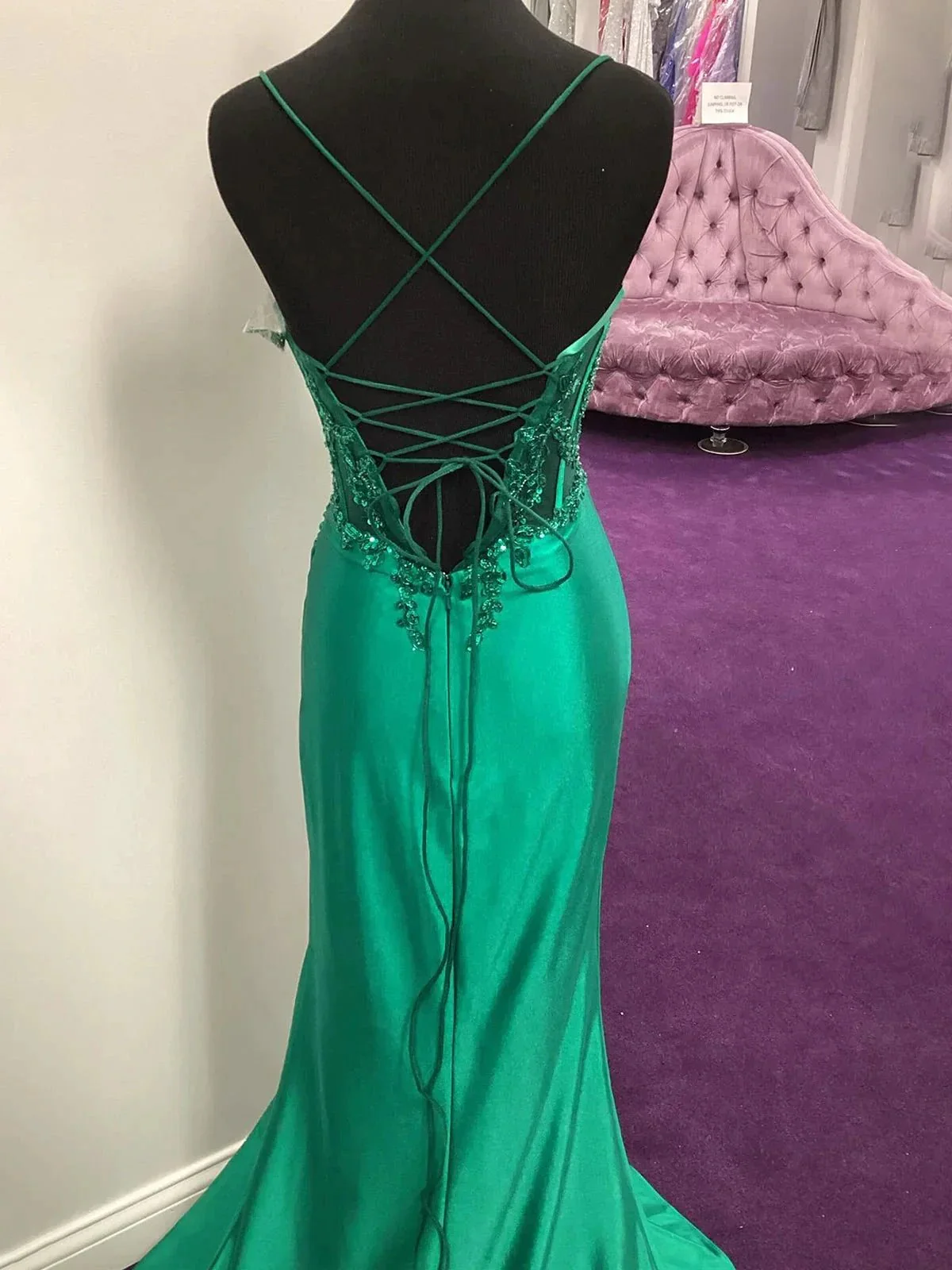 Dallas | Green Sheer Appliques Satin Mermaid Long Prom Dress - Image 2