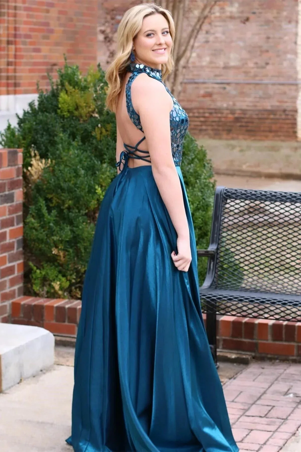 Dalley | Teal Cut Glass Mirror Halter Long Formal Dress - Image 2