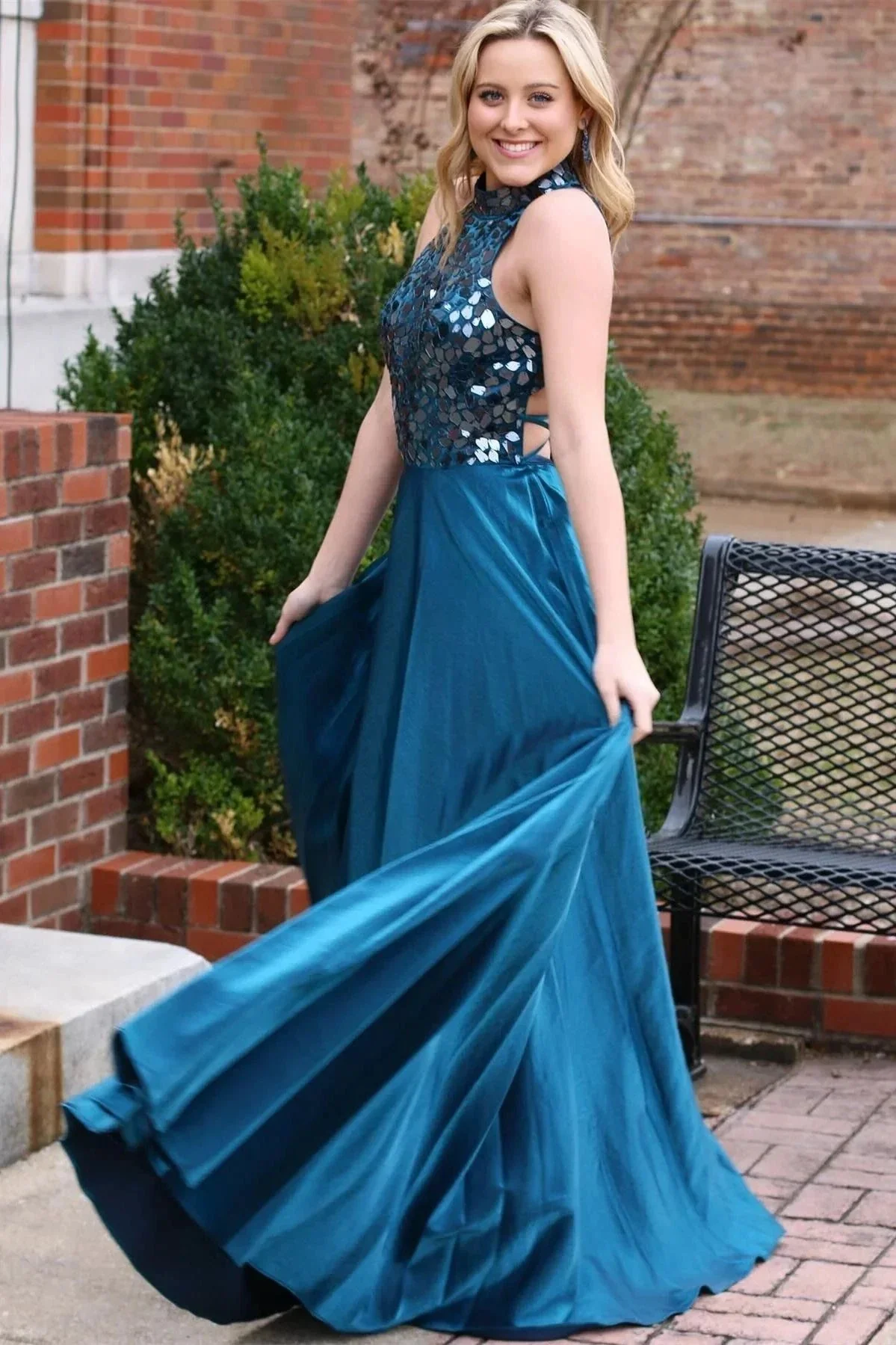 Dalley | Teal Cut Glass Mirror Halter Long Formal Dress - Image 3