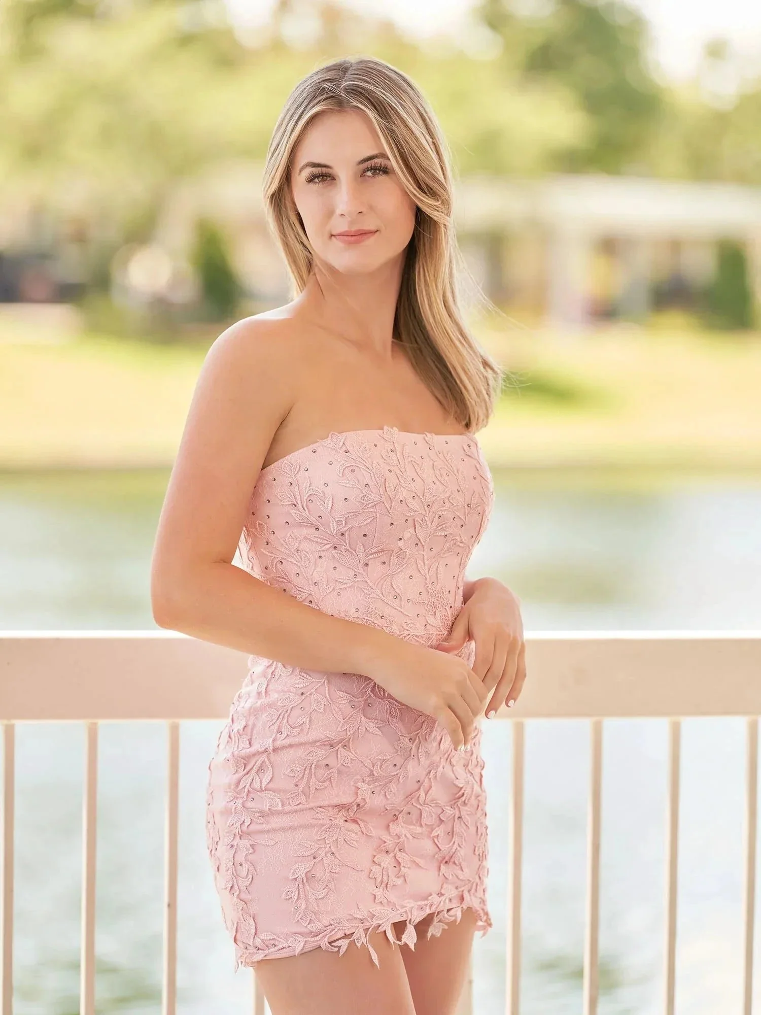 Pink Tight Short Lace Homecoming Dress with Appliques - Image 4