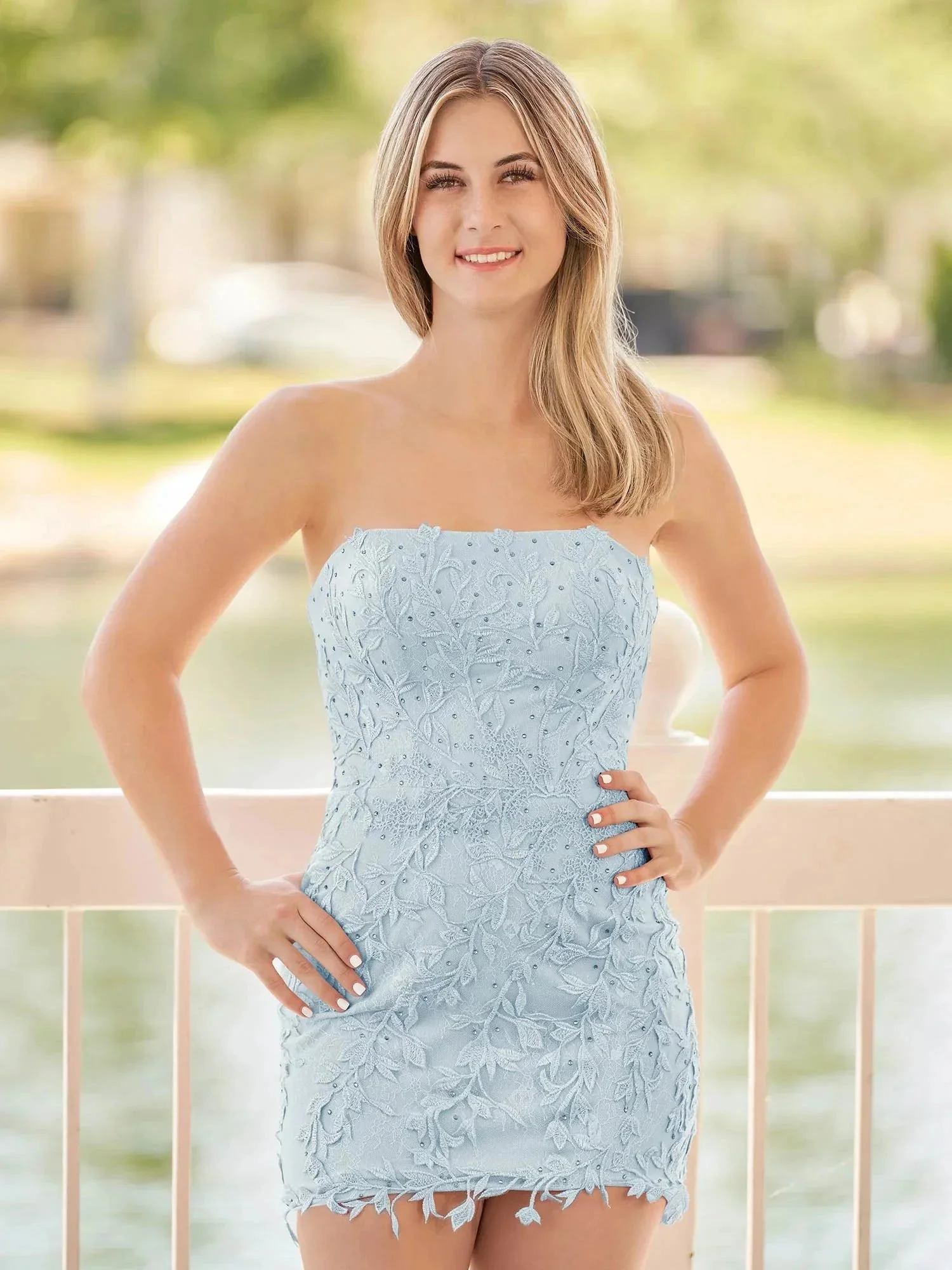 Pink Tight Short Lace Homecoming Dress with Appliques - Image 7
