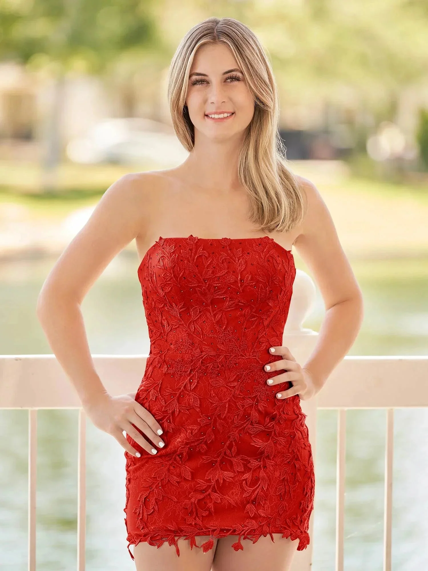 Pink Tight Short Lace Homecoming Dress with Appliques - Image 9