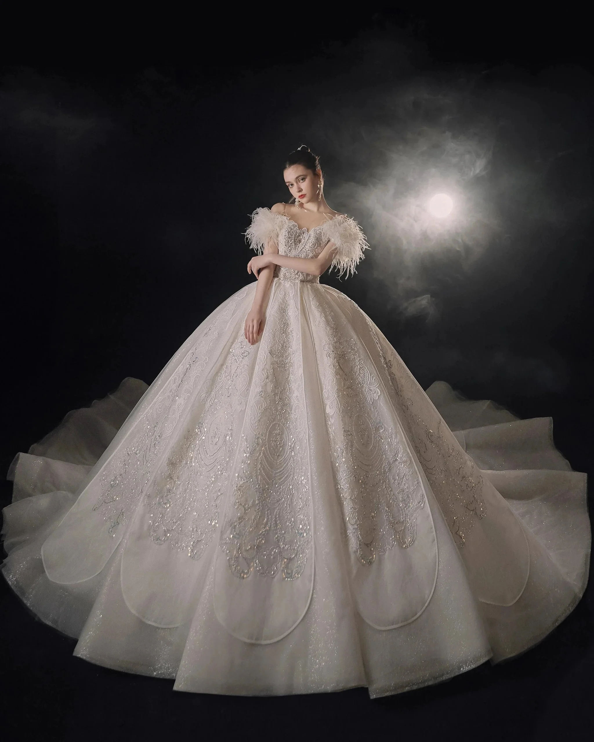 Luxurious Off-the-Shoulder Ball Gown Sweetheart Neckline Feather Trim Beaded Lace Wedding Dress with Glitter Train E-306 - Image 10