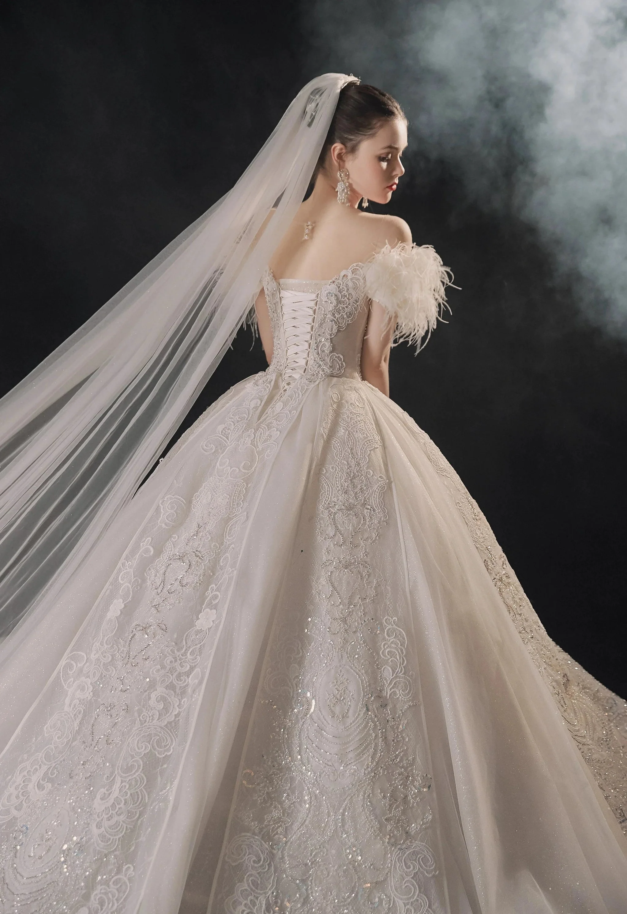 Luxurious Off-the-Shoulder Ball Gown Sweetheart Neckline Feather Trim Beaded Lace Wedding Dress with Glitter Train E-306 - Image 3