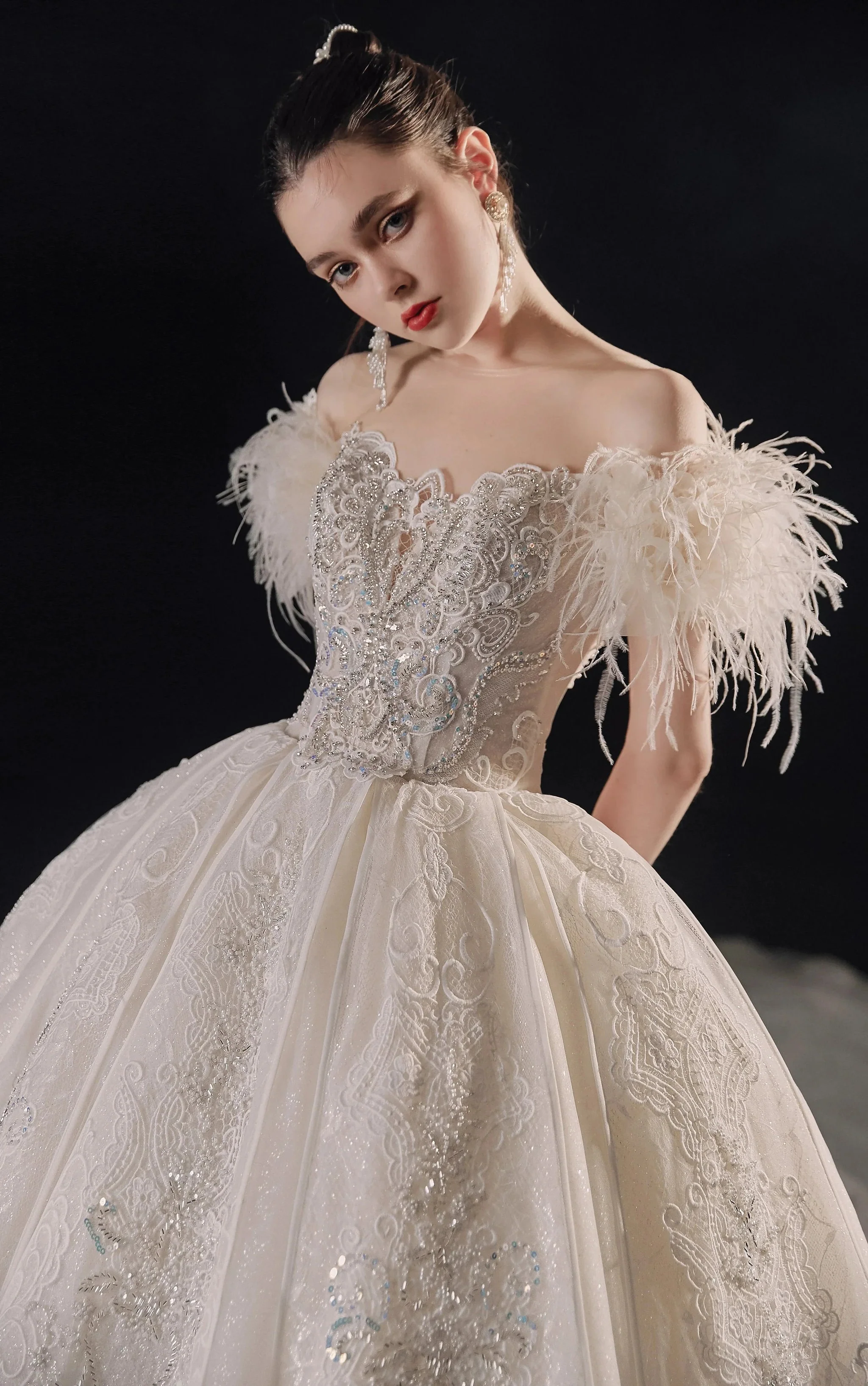 Luxurious Off-the-Shoulder Ball Gown Sweetheart Neckline Feather Trim Beaded Lace Wedding Dress with Glitter Train E-306 - Image 6