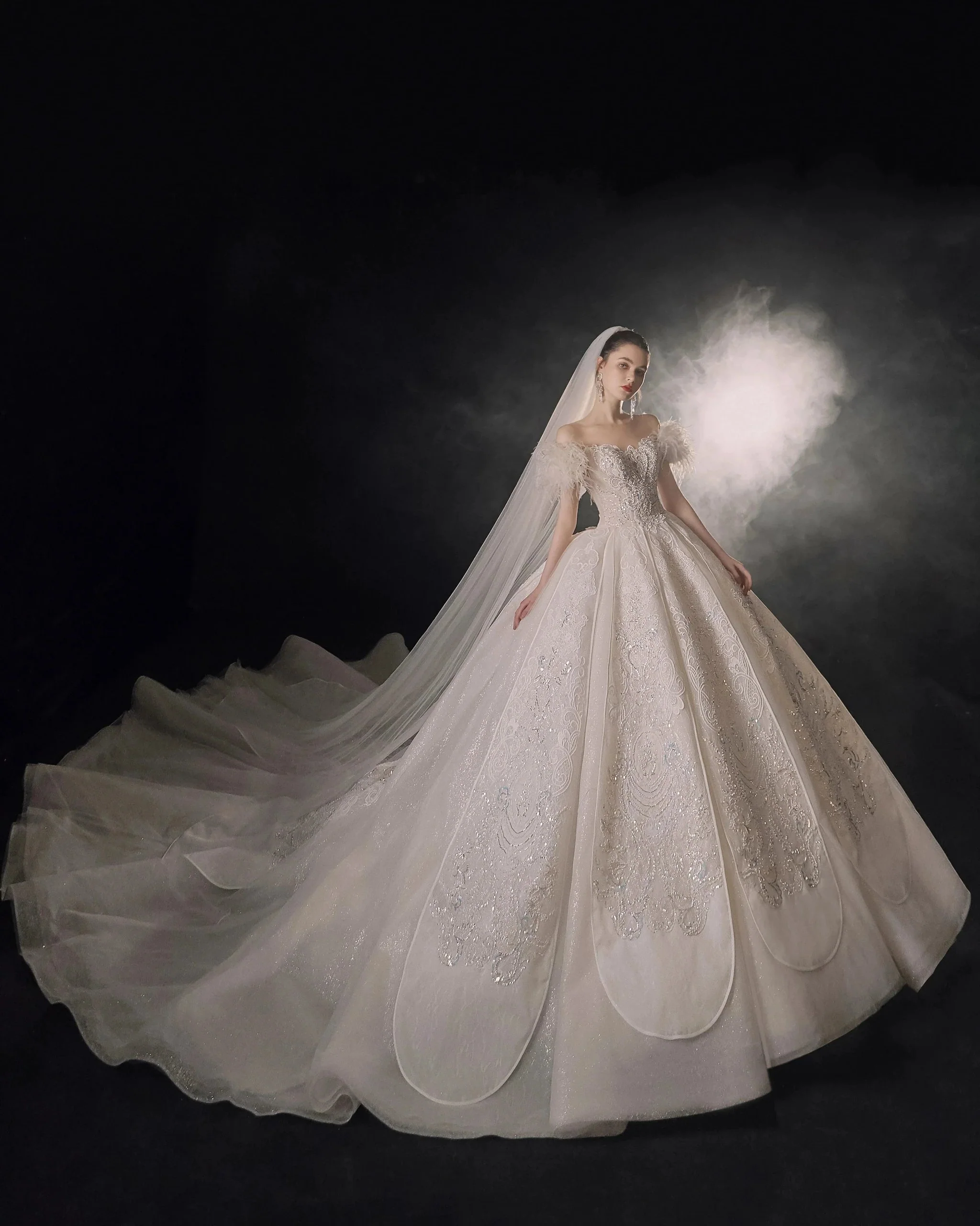 Luxurious Off-the-Shoulder Ball Gown Sweetheart Neckline Feather Trim Beaded Lace Wedding Dress with Glitter Train E-306 - Image 8