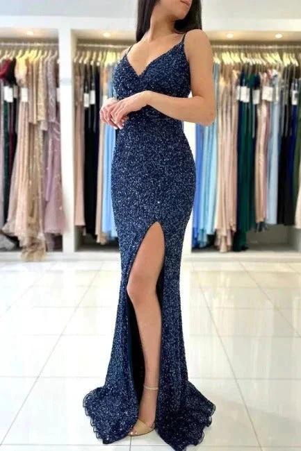 Dark Blue Glitter Long Mermaid Spaghetti Straps V-neck Prom Dresses With Slit - Image 3