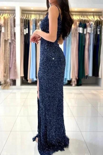 Dark Blue Long Glitter Spaghetti Straps V-neck Evening Dresses With Slit - Image 2