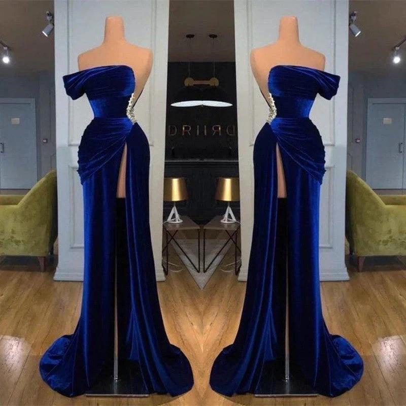Dark Blue One-Shoulder Mermaid Prom Dress Long Split with Beads - Image 2