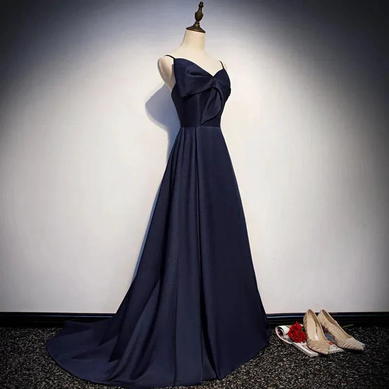 Dark blue satin long prom dress, simple evening dress s93 - Image 2