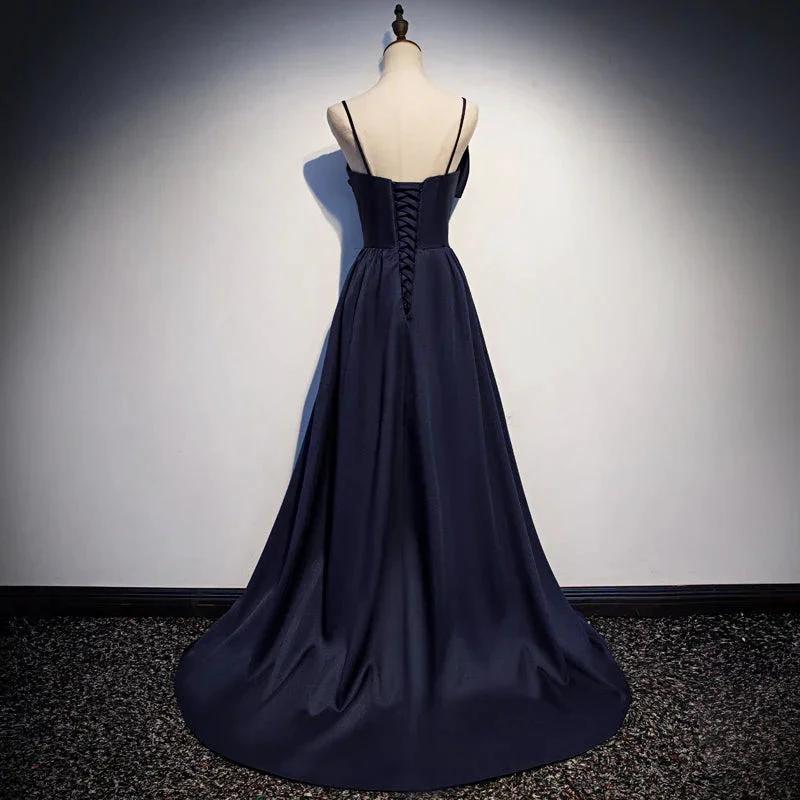 Dark blue satin long prom dress, simple evening dress s93 - Image 3