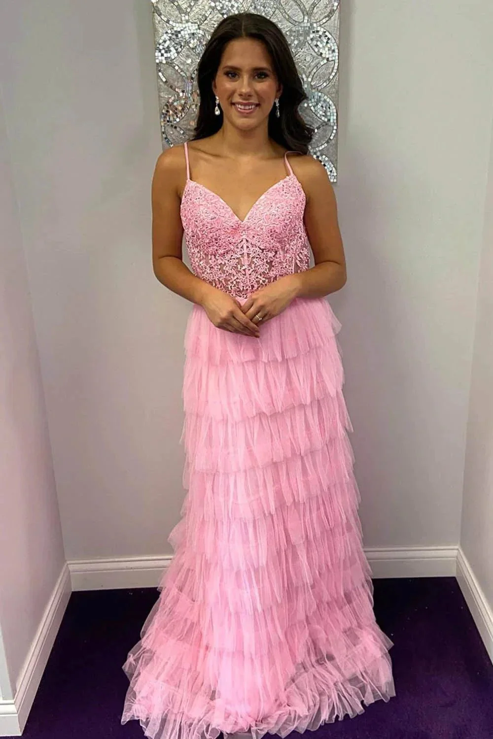 Aubree |Dark Green A-Line Tiered Tulle Long Prom Dress with Lace - Image 2