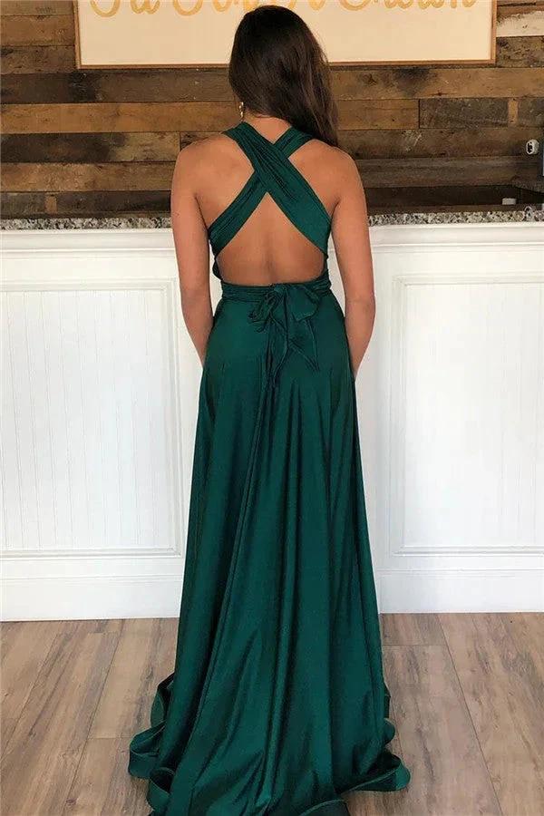 Dark Green Long A-Line Halter Open Back Prom Dress With Slit - Image 2