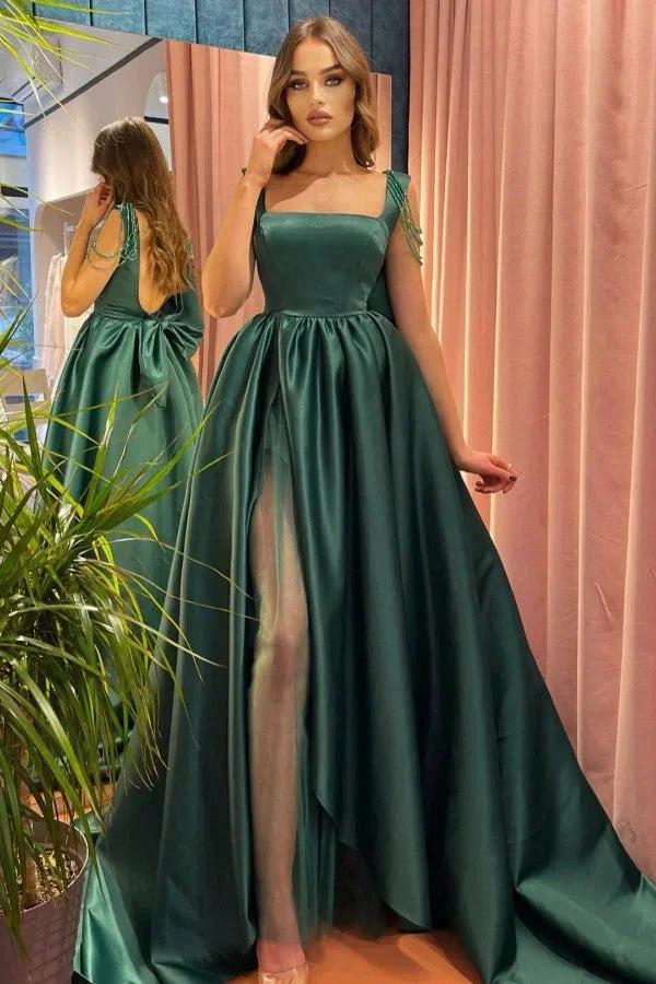 Dark Green Long A-line Satin Front Slit Open Back Prom Dress With Bow - Image 2