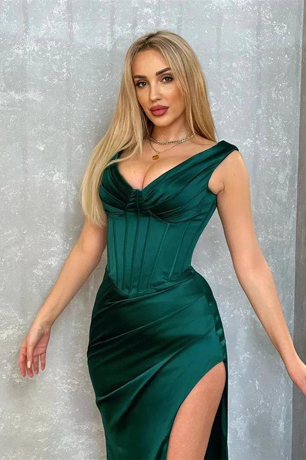 Dark Green Long Mermaid V-neck Satin Sleeveless Evening Dress with Slit - Image 3