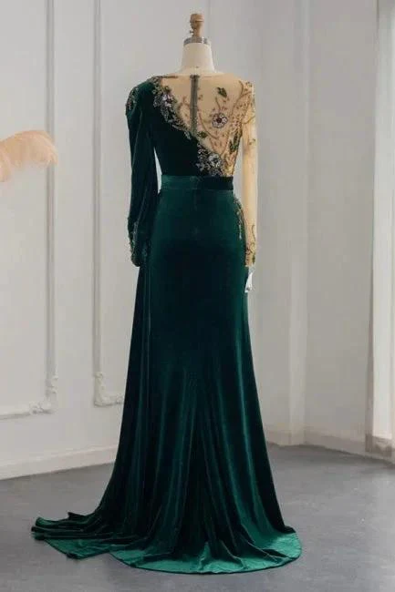 Dark Green Long Sleeves Jewel Mermaid Evening Dresses Prom Gowns With Ruffles - Image 2