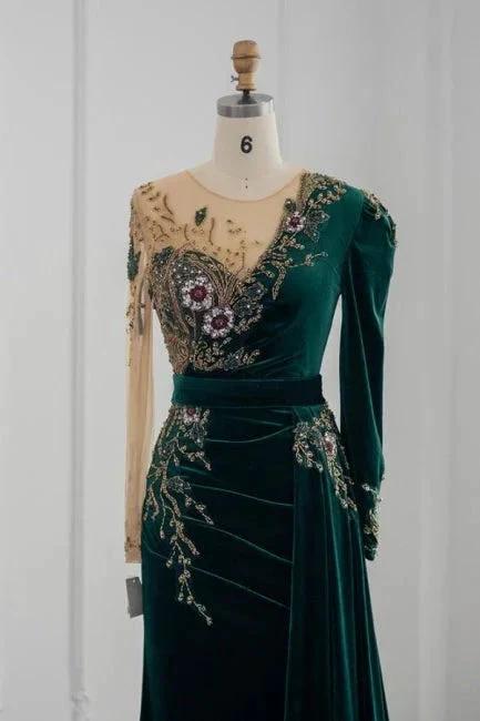 Dark Green Long Sleeves Jewel Mermaid Evening Dresses Prom Gowns With Ruffles - Image 3