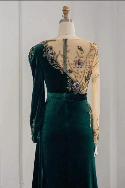 Dark Green Long Sleeves Jewel Mermaid Evening Dresses Prom Gowns With Ruffles - Image 4