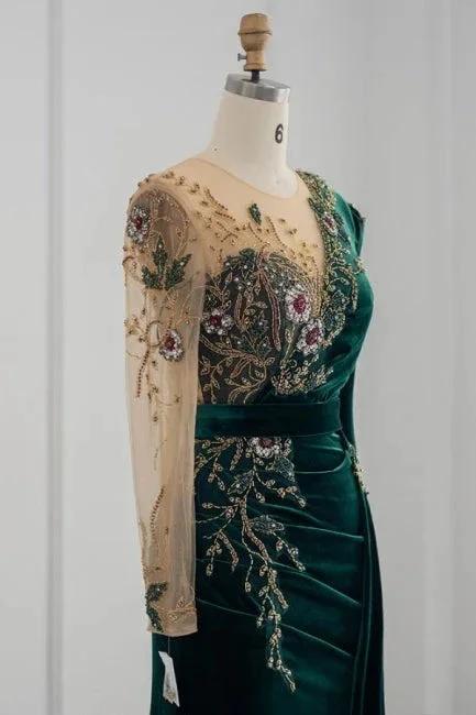 Dark Green Long Sleeves Jewel Mermaid Evening Dresses Prom Gowns With Ruffles - Image 5