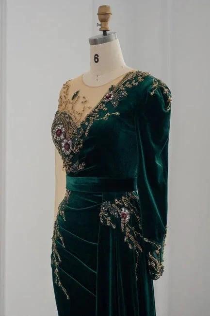 Dark Green Long Sleeves Jewel Mermaid Evening Dresses Prom Gowns With Ruffles - Image 6