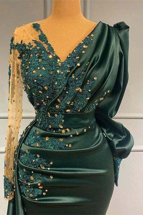 Dark Green Long Sleeves Mermaid V-Neck Satin Beadings Evening Prom Dress - Image 2