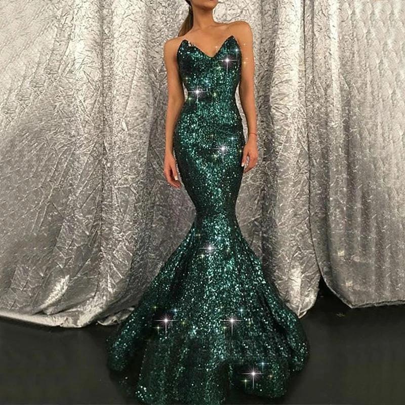 Dark Green Long Sweetheart Mermaid Sequins Prom Dress - Image 2