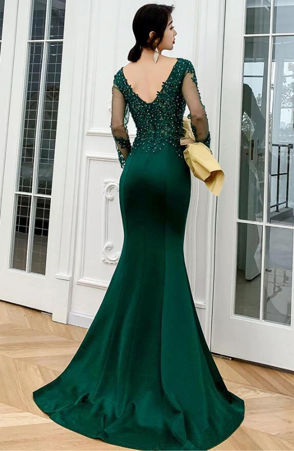 Dark Green Mermaid Beaded and Lace Mermaid Long Evening Dress Y1433 - Image 2