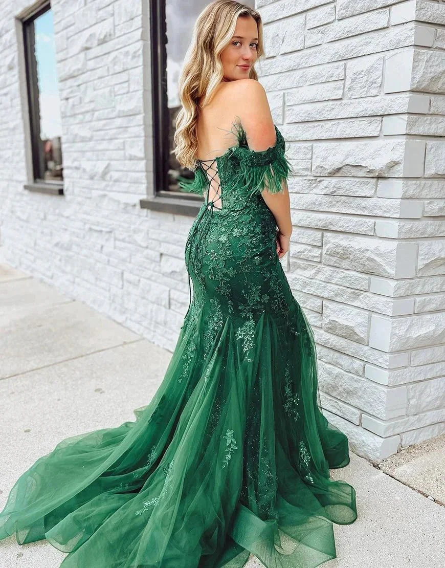 Pauline | Dark Green Mermaid Long Corset Prom Dress With Appliques - Image 2