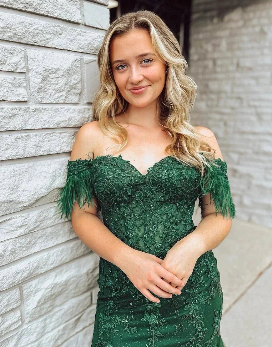 Pauline | Dark Green Mermaid Long Corset Prom Dress With Appliques - Image 3
