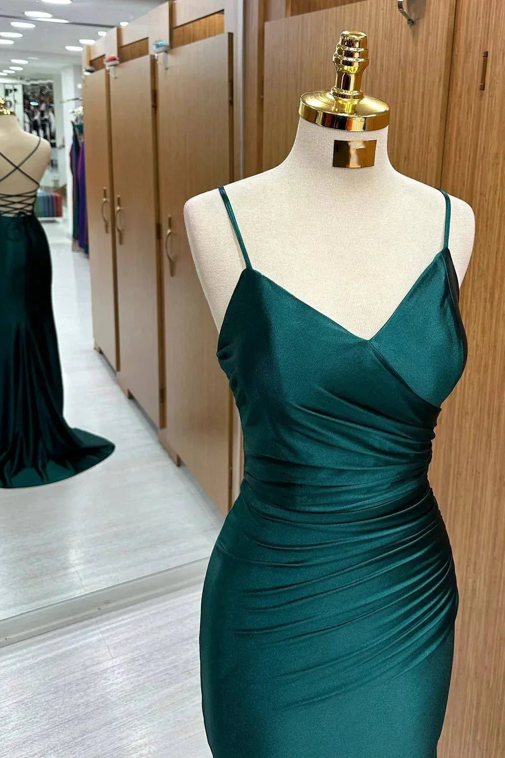 Dark Green Mermaid Satin Long Prom Dress - Image 2