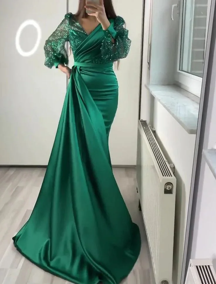 Dark Green Mermaid V Neck Satin Evening Dress Long Sleeves Y6109 - Image 2