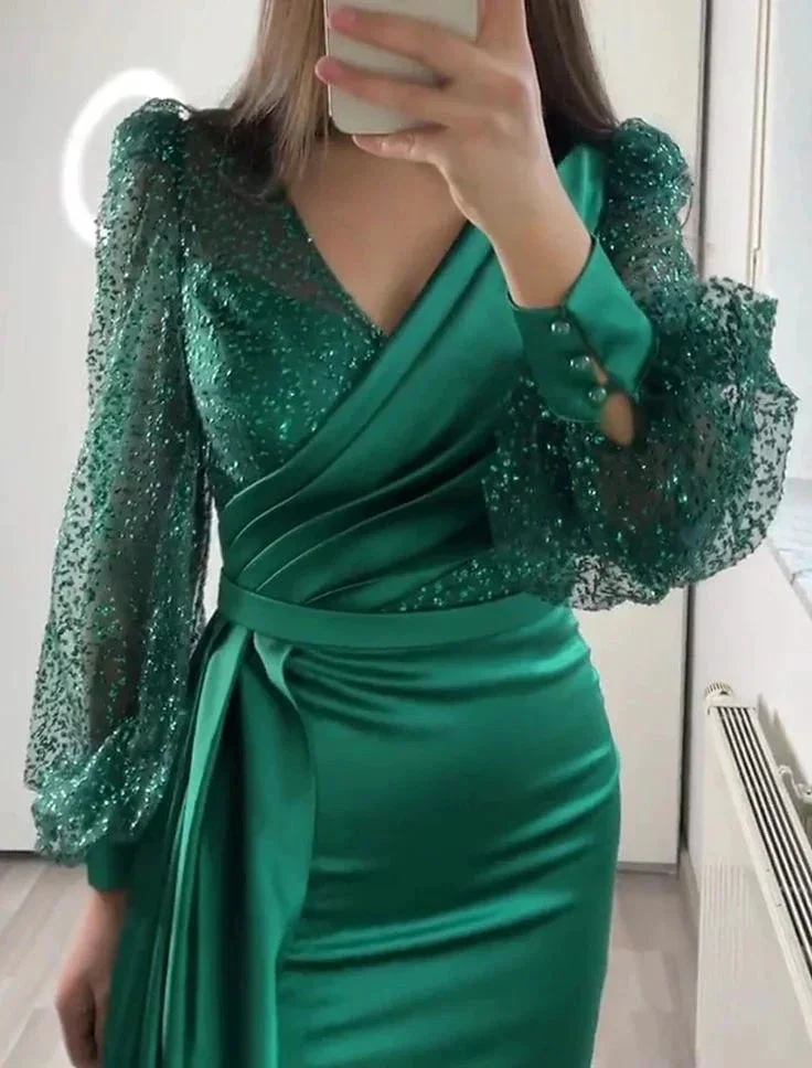 Dark Green Mermaid V Neck Satin Evening Dress Long Sleeves Y6109 - Image 3