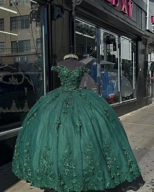 Dark Green Princess Ball Gown Quinceanera Dresses Sweet 15 Party 3D Flowers Lace Applique Birthday Gown Y4254 - Image 2
