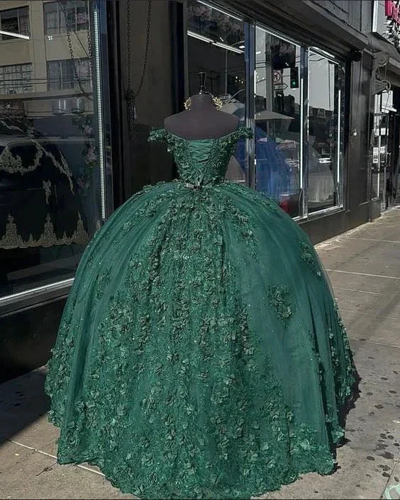 Dark Green Princess Ball Gown Quinceanera Dresses Sweet 15 Party 3D Flowers Lace Applique Birthday Gown Y4254 - Image 3