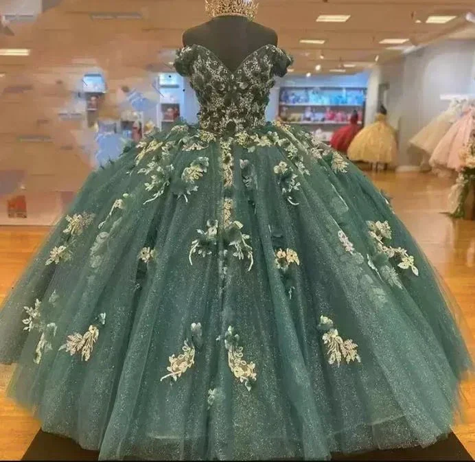 Dark Green Quinceanera Dresses Off the Shoulder Princess Pageant Ball Gown Flowers Y4432 - Image 2
