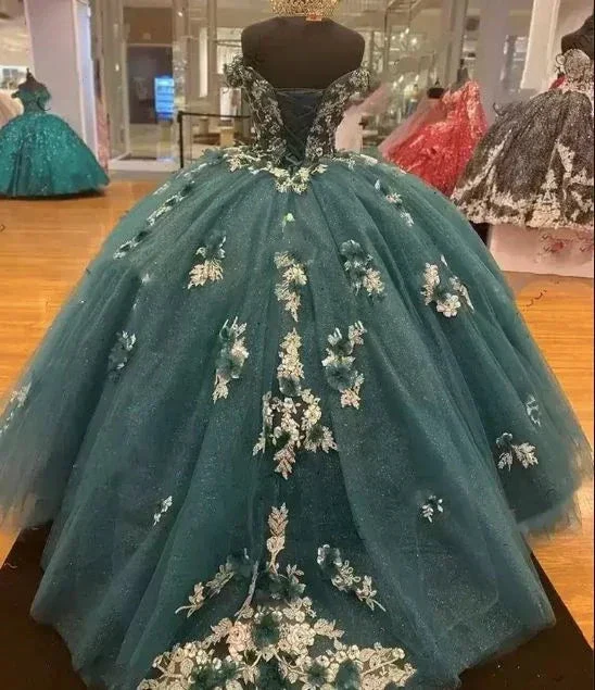 Dark Green Quinceanera Dresses Off the Shoulder Princess Pageant Ball Gown Flowers Y4432 - Image 3