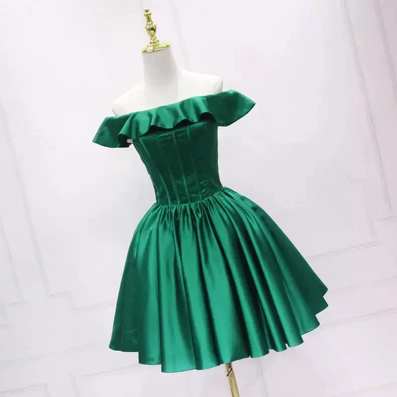 Dark Green Satin Homecoming Dress Rufflues Neckline s50 - Image 2