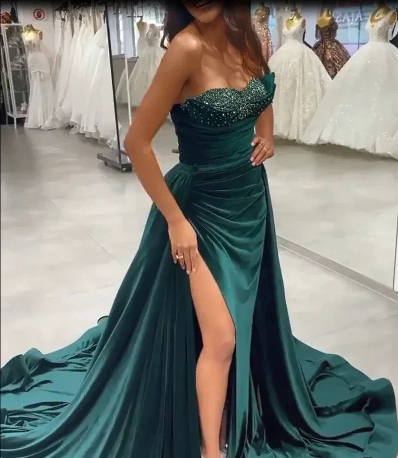 Dark Green Sequins Sleeveless Sweetheart Floor-length Split Front A-line Prom Dresses - Image 3