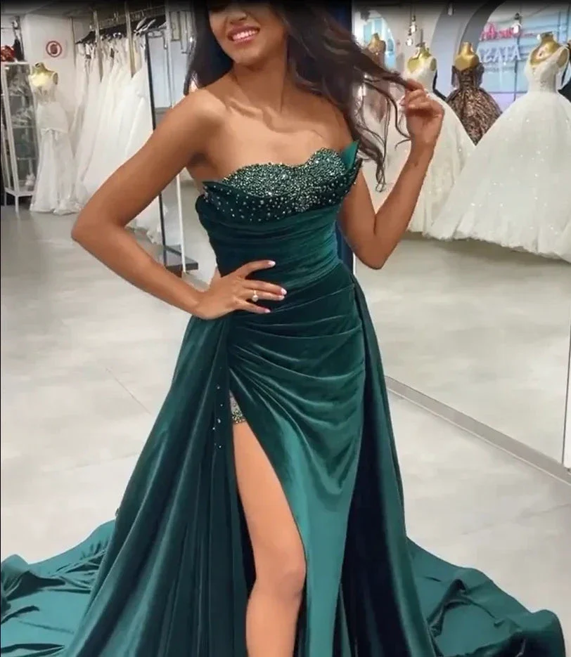 Dark Green Sequins Sleeveless Sweetheart Floor-length Split Front A-line Prom Dresses - Image 4