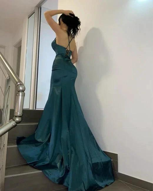 Dark Green Simple V-neck Long Mermaid Prom Dresses - Image 2