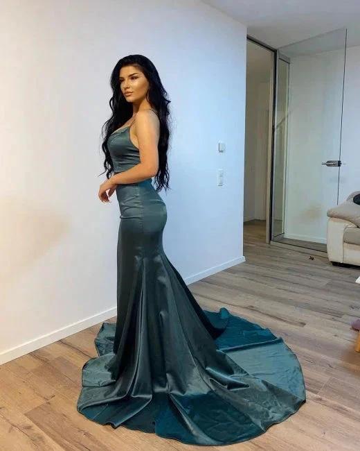 Dark Green Simple V-neck Long Mermaid Prom Dresses - Image 3