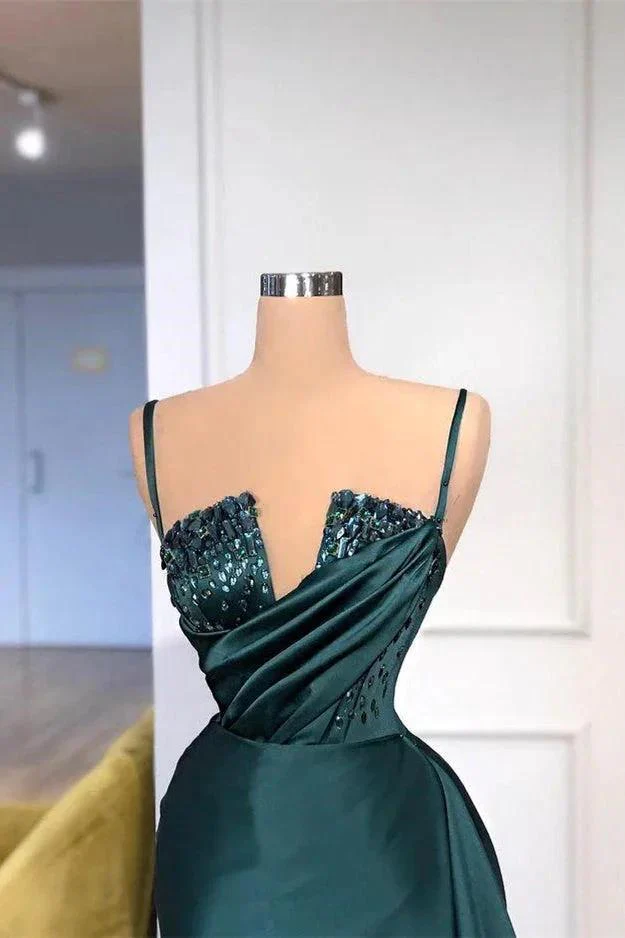 Dark Green Spaghetti-Straps Mermaid Prom Dress Beading Long Party Gowns - Image 2