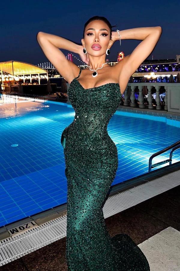 Dark Green Sparkly Long Mermaid Sweetheart Sequins Prom Dresses with Slit - Image 2