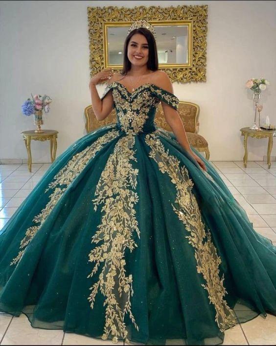 Dark Green Sweet 15 Quinceanera Dresses with Gold Applique Sequin Ball Gown Sweep Train Y962 - Image 2