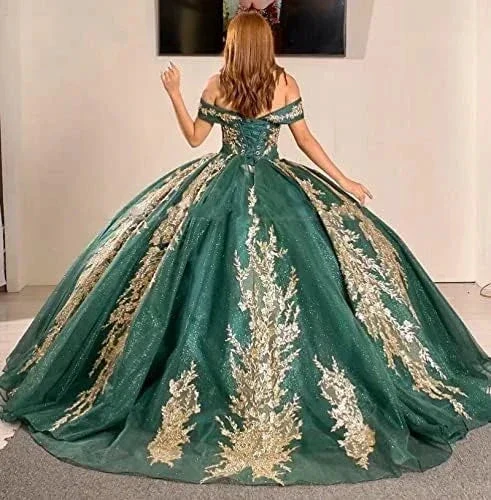 Dark Green Sweet 15 Quinceanera Dresses with Gold Applique Sequin Ball Gown Sweep Train Y962 - Image 3